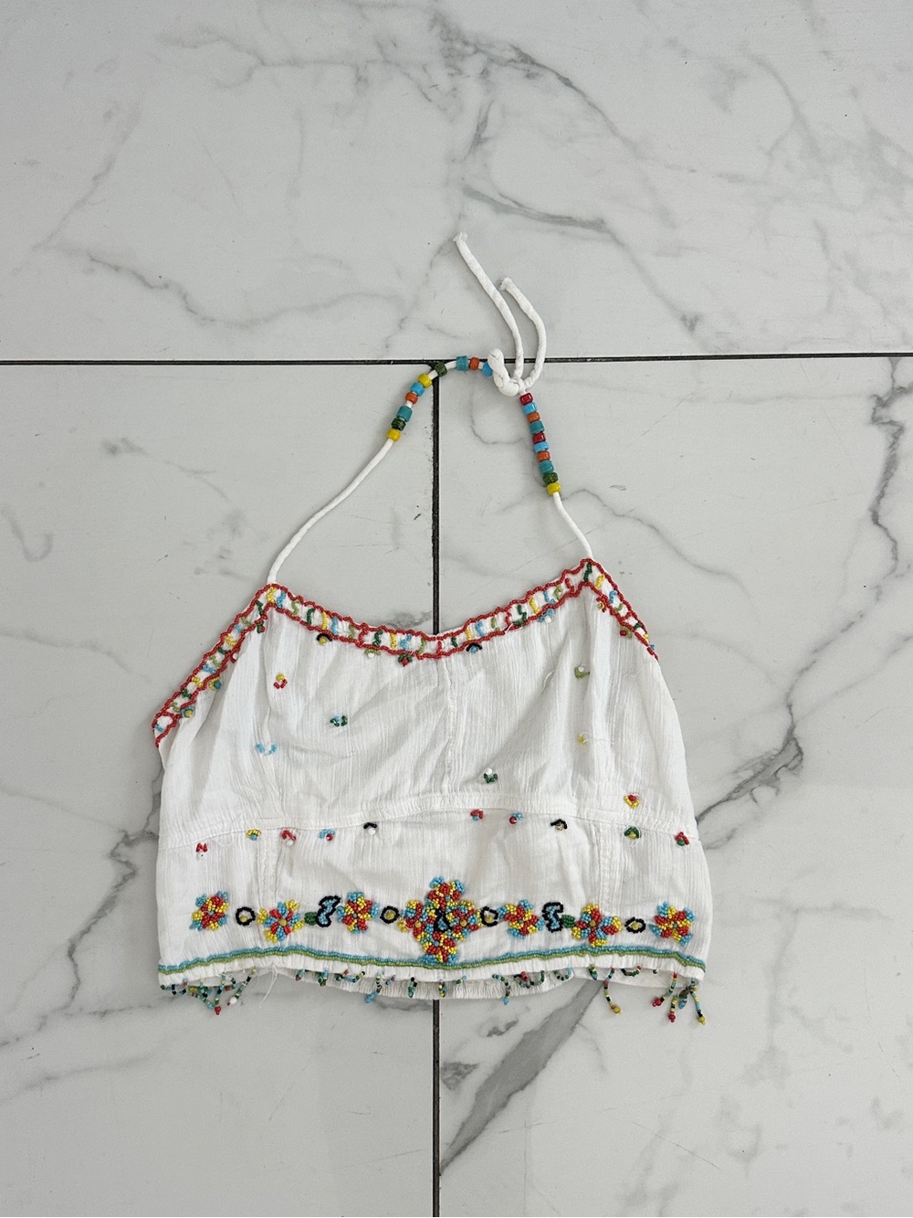 White Embroidered Halter Crop Top with Multicolor Bead Trim